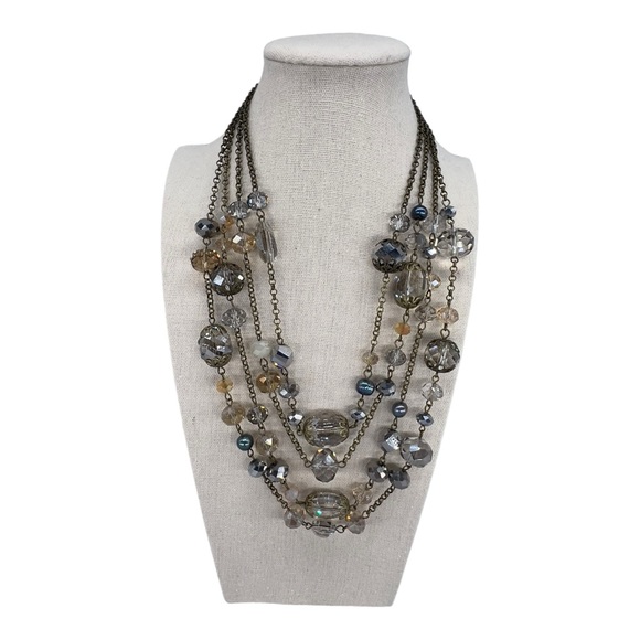 Signed Sweet Lola Bronze Tone Multi Chain Faceted Crystal Bead Necklace - Picture 2 of 10